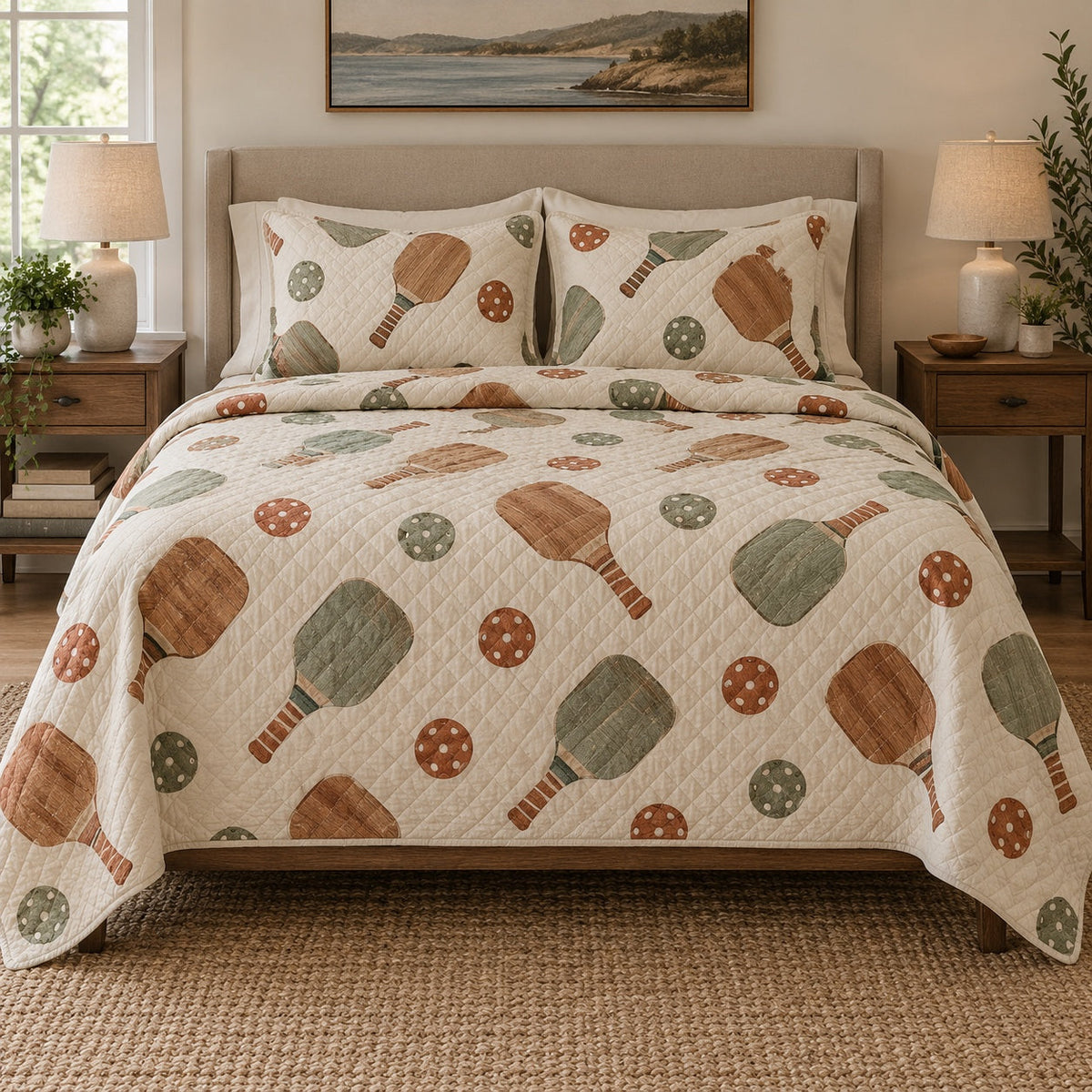 Paddle Study Pickleball Quilt Set, front pickleball bedroom view