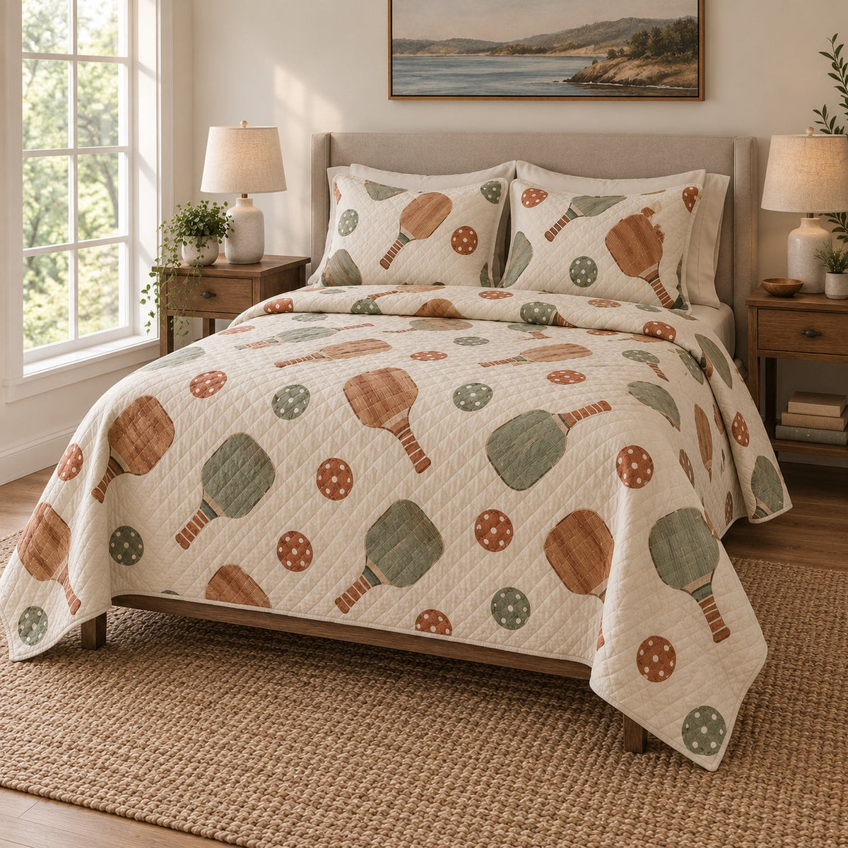 Paddle Study Pickleball Quilt Set, angled pickleball bedroom view
