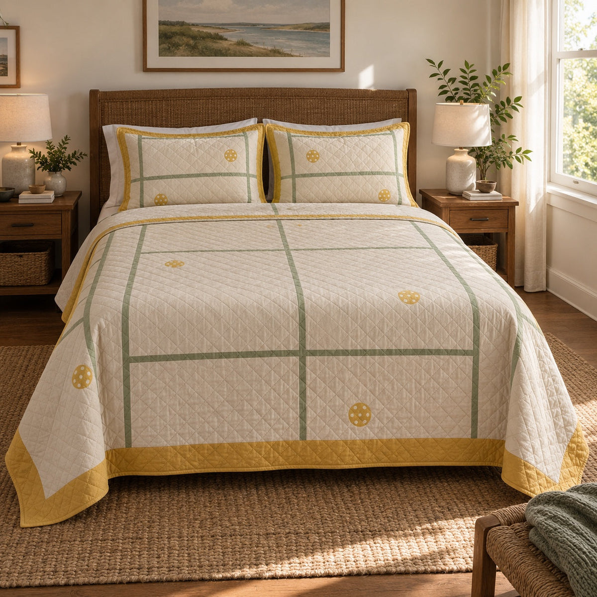 Sunlit Court Pickleball Quilt Set, front pickleball bedroom view