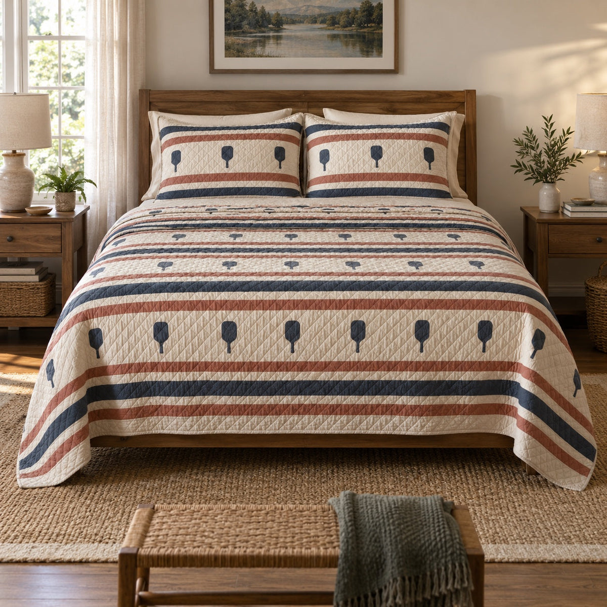 Rally Stripe Pickleball Quilt Set, front pickleball bedroom view