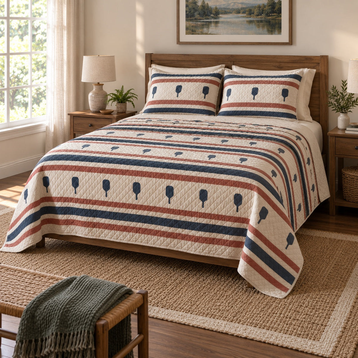 Rally Stripe Pickleball Quilt Set, angled pickleball bedroom view