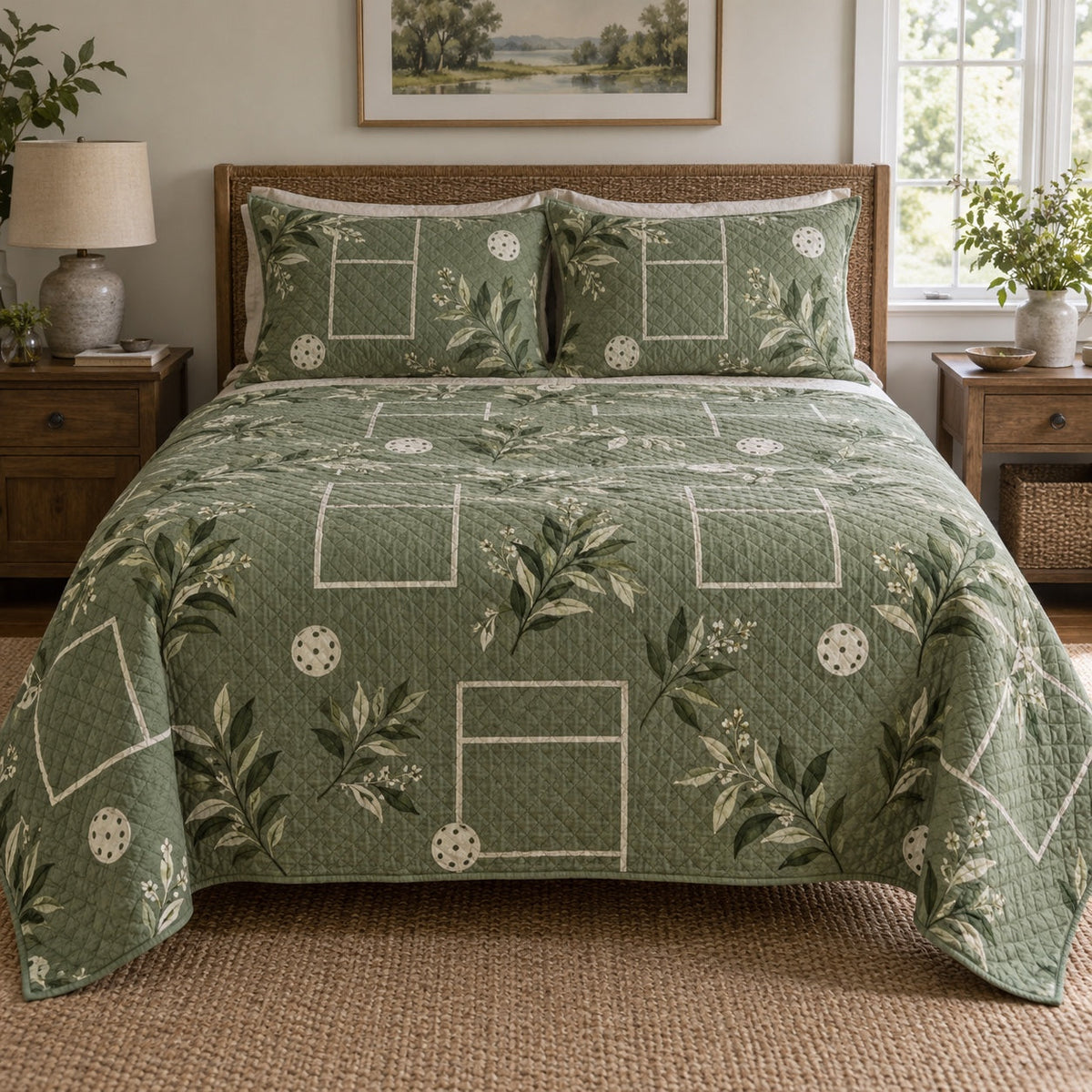 Garden Court Pickleball Quilt Set, front pickleball bedroom view