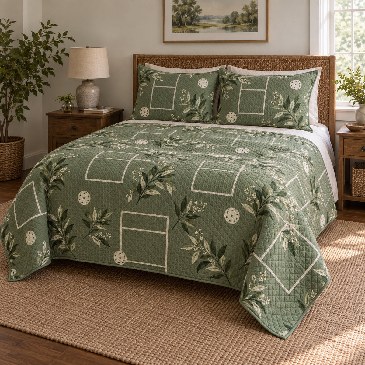 Garden Court Pickleball Quilt Set, angled pickleball bedroom view
