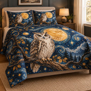 Celestial Owl Full Moon Quilt Set: angled bedroom view showing the quilt artwork and coordinating shams