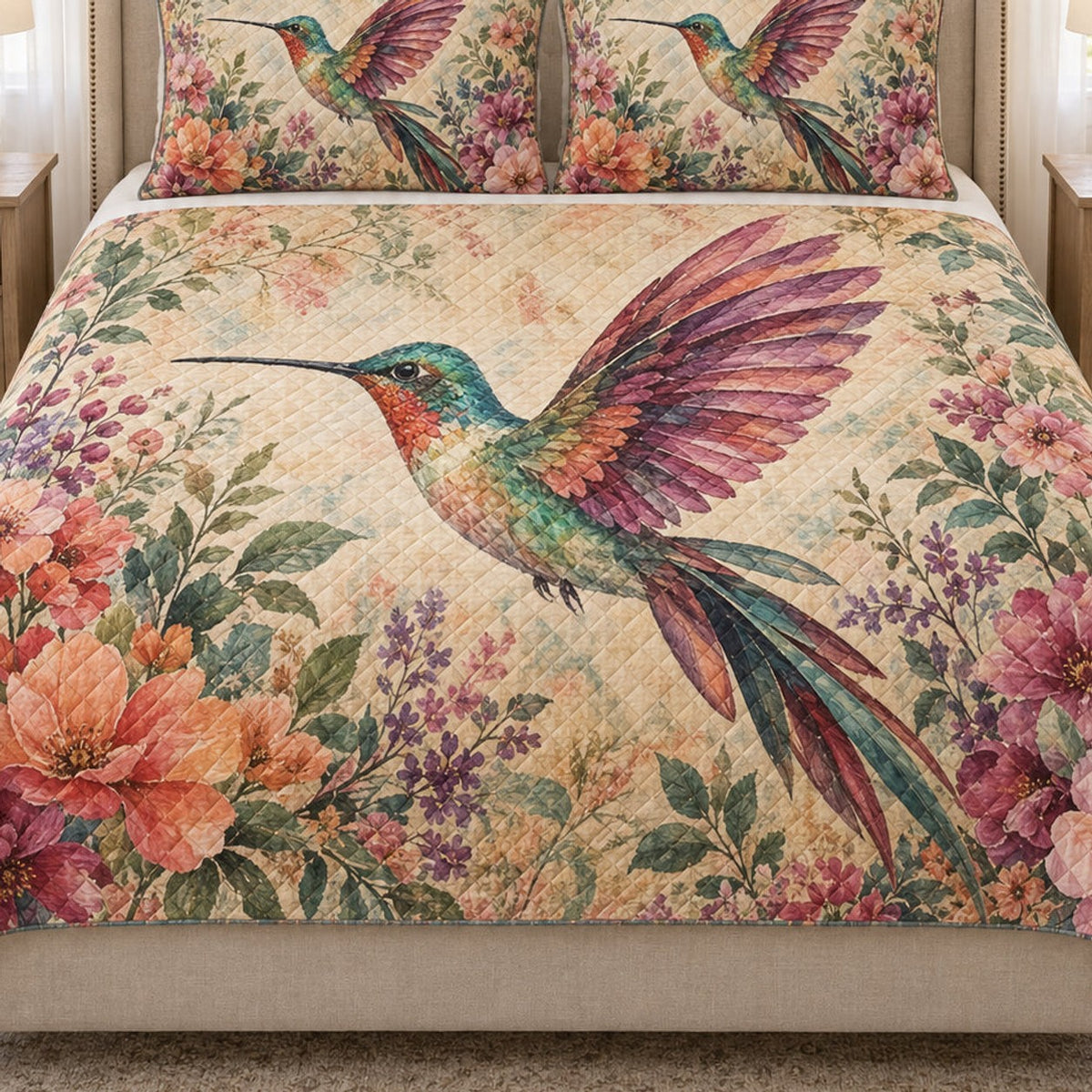 Close view of the Hummingbird Floral Garden quilt artwork and two matching shams