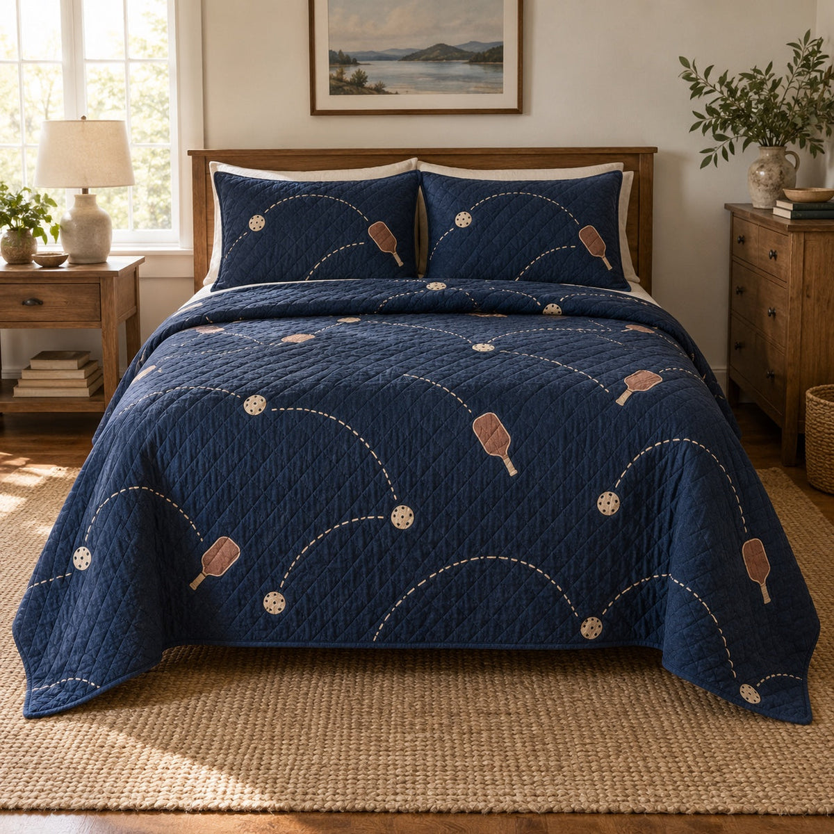 Evening Rally Pickleball Quilt Set, front pickleball bedroom view