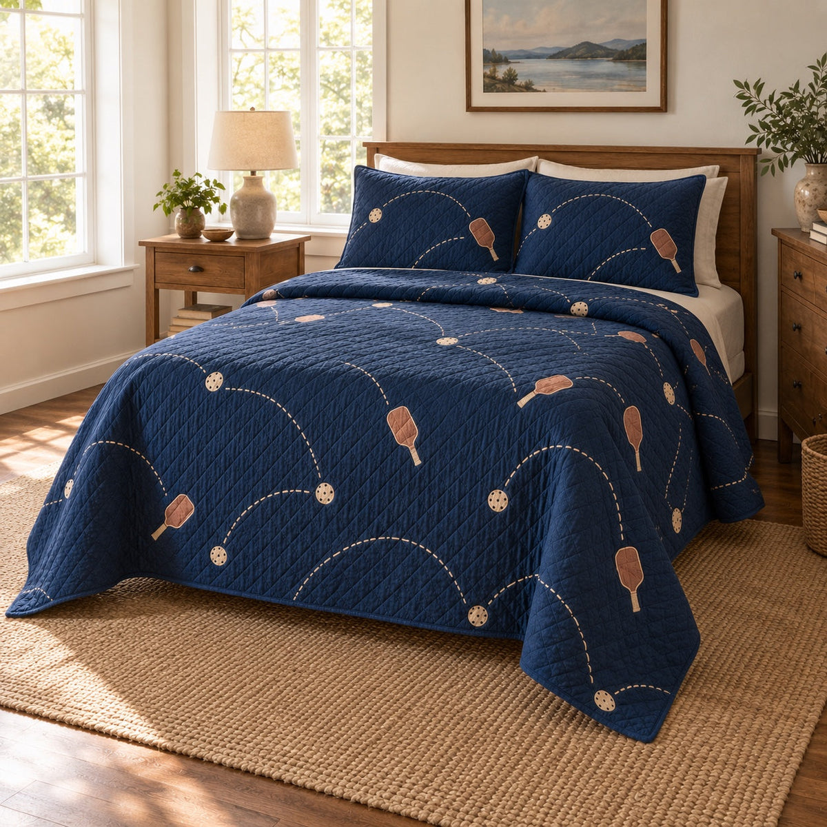 Evening Rally Pickleball Quilt Set, angled pickleball bedroom view