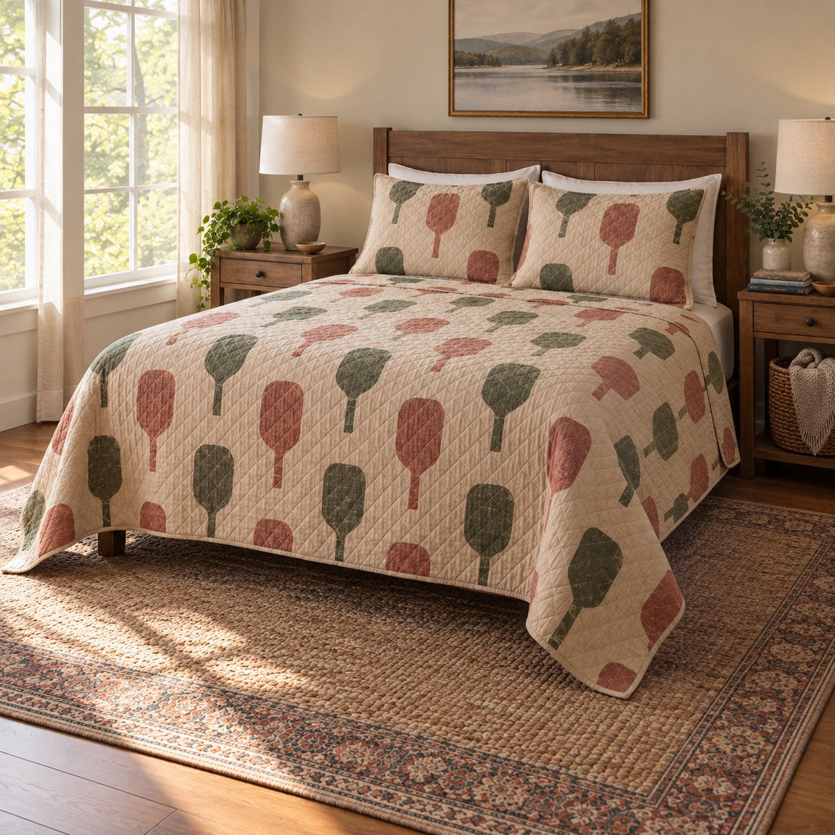 Vintage Paddle Pickleball Quilt Set, angled pickleball bedroom view