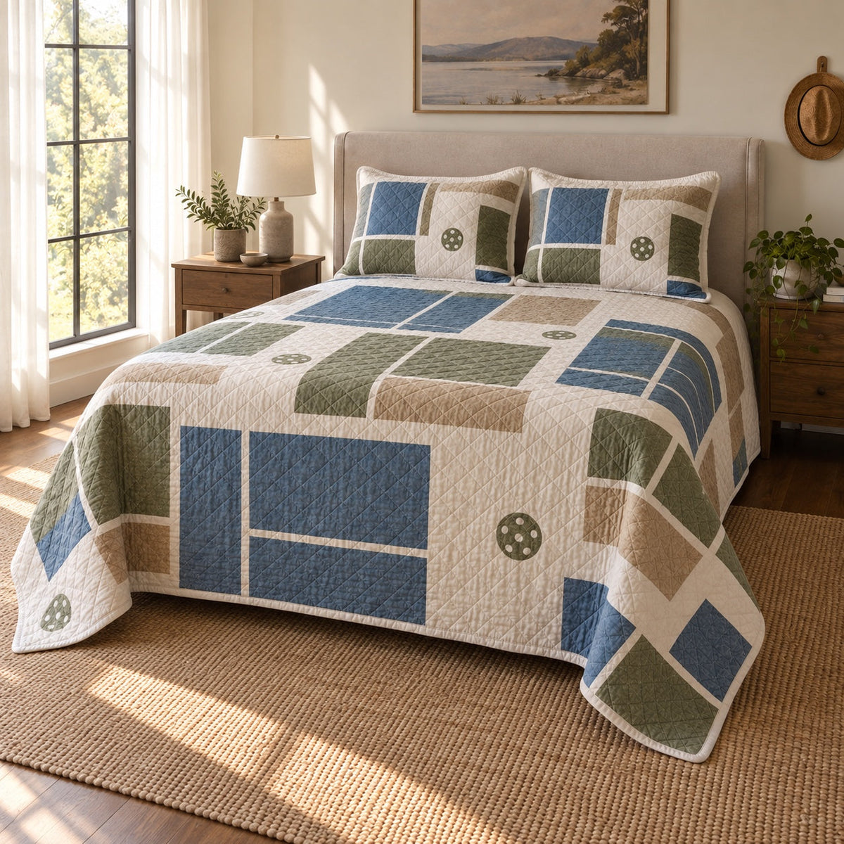 Court Geometry Pickleball Quilt Set, angled pickleball bedroom view