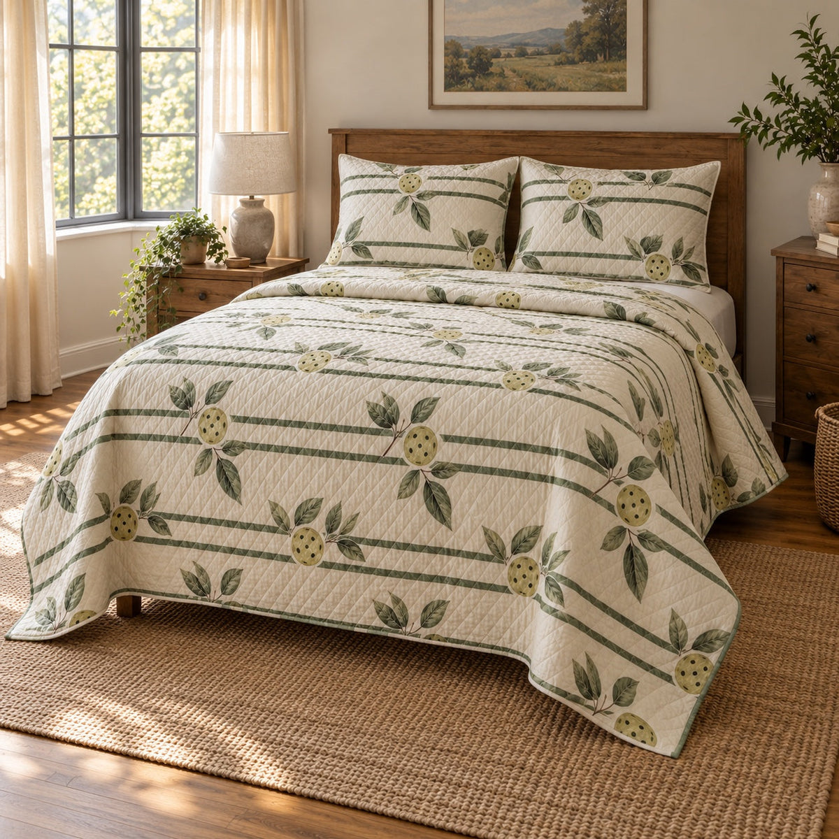 Baseline Botanical Pickleball Quilt Set, angled pickleball bedroom view