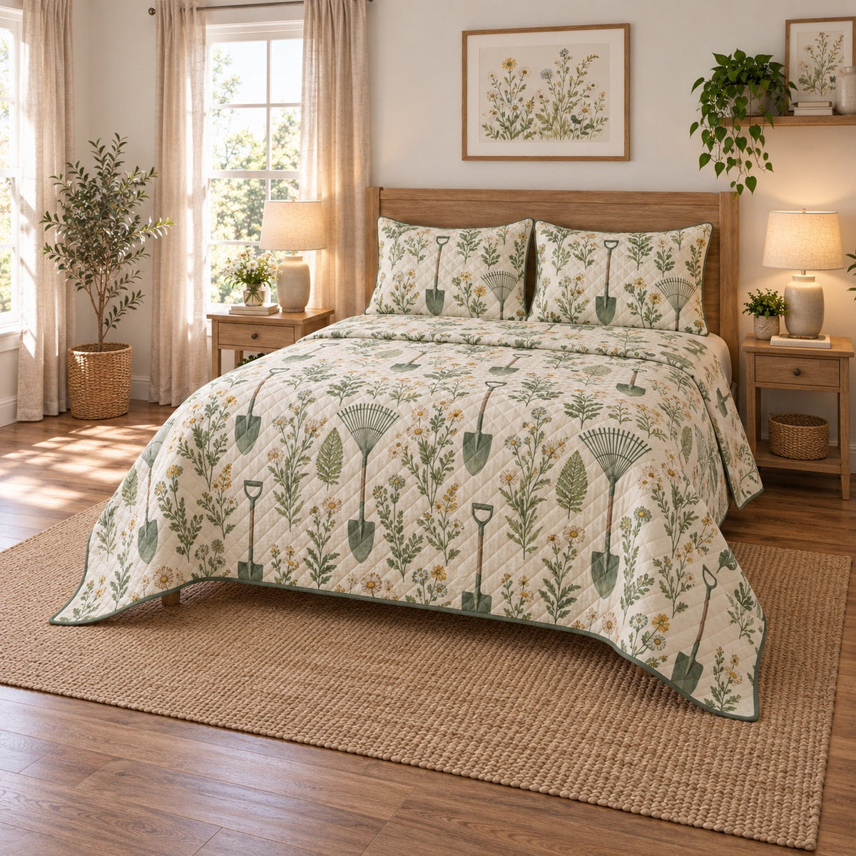 Meadow Tools Landscaper Quilt Set, angled landscaper bedroom view