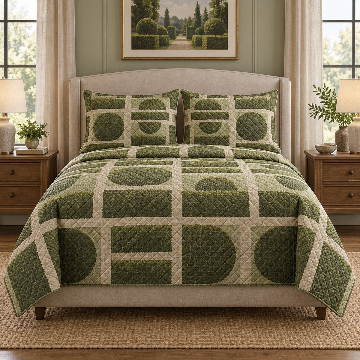 Hedge Geometry Landscaper Quilt Set, front landscaper bedroom view