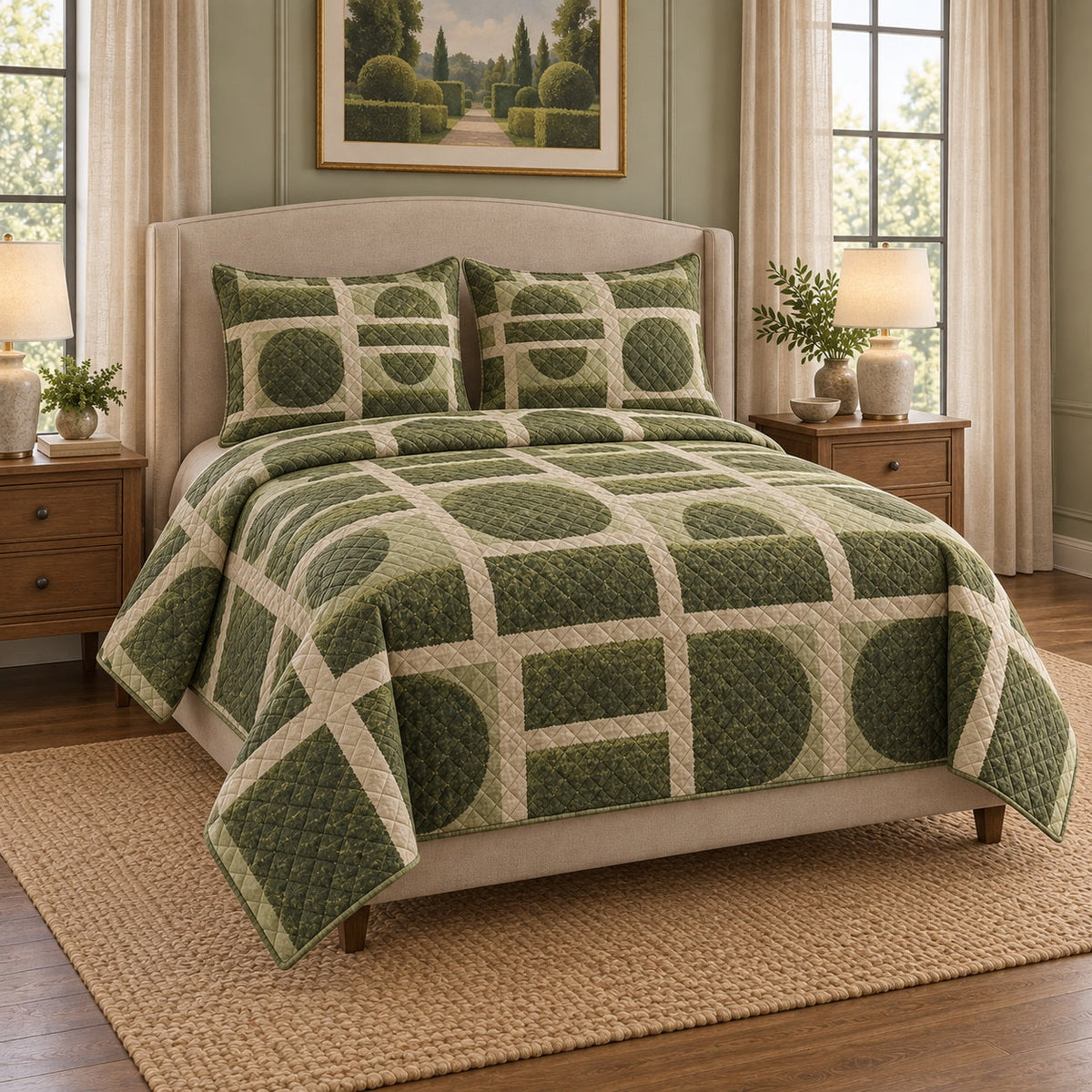 Hedge Geometry Landscaper Quilt Set, angled landscaper bedroom view