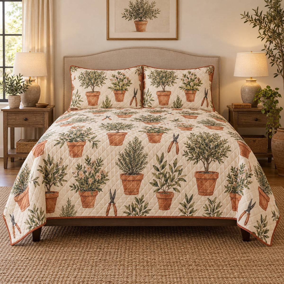 Terracotta Pots Landscaper Quilt Set, front landscaper bedroom view