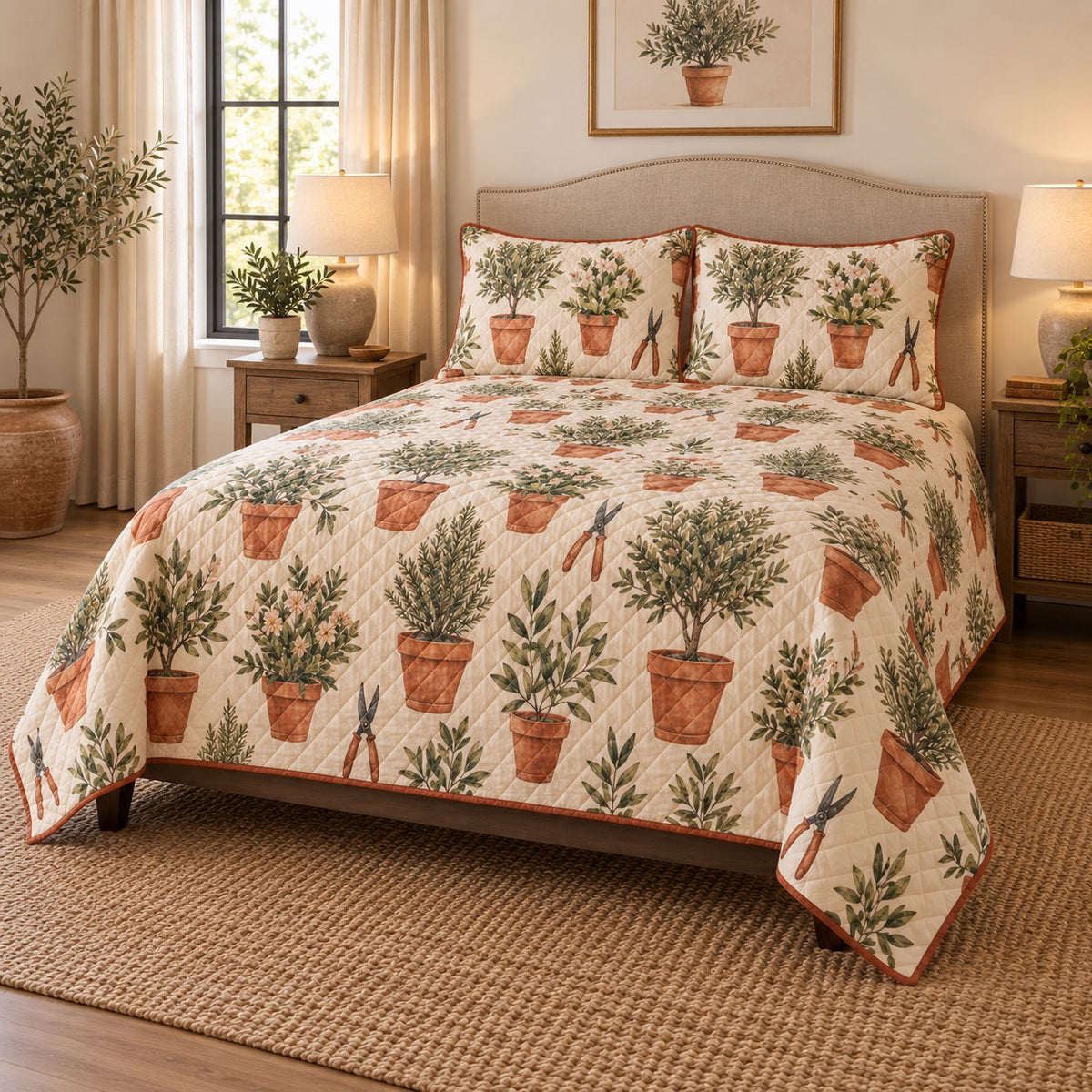 Terracotta Pots Landscaper Quilt Set, angled landscaper bedroom view