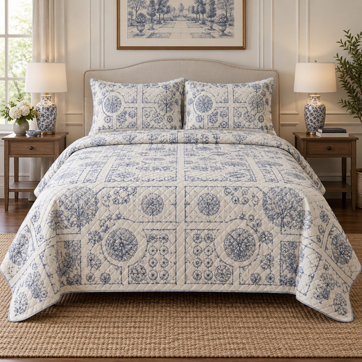 Blue Garden Blueprint Landscaper Quilt Set, front landscaper bedroom view