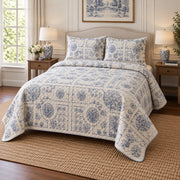 Blue Garden Blueprint Landscaper Quilt Set, angled landscaper bedroom view
