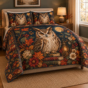 Autumn Owl Floral Moon Quilt Set: angled bedroom view showing the quilt artwork and coordinating shams