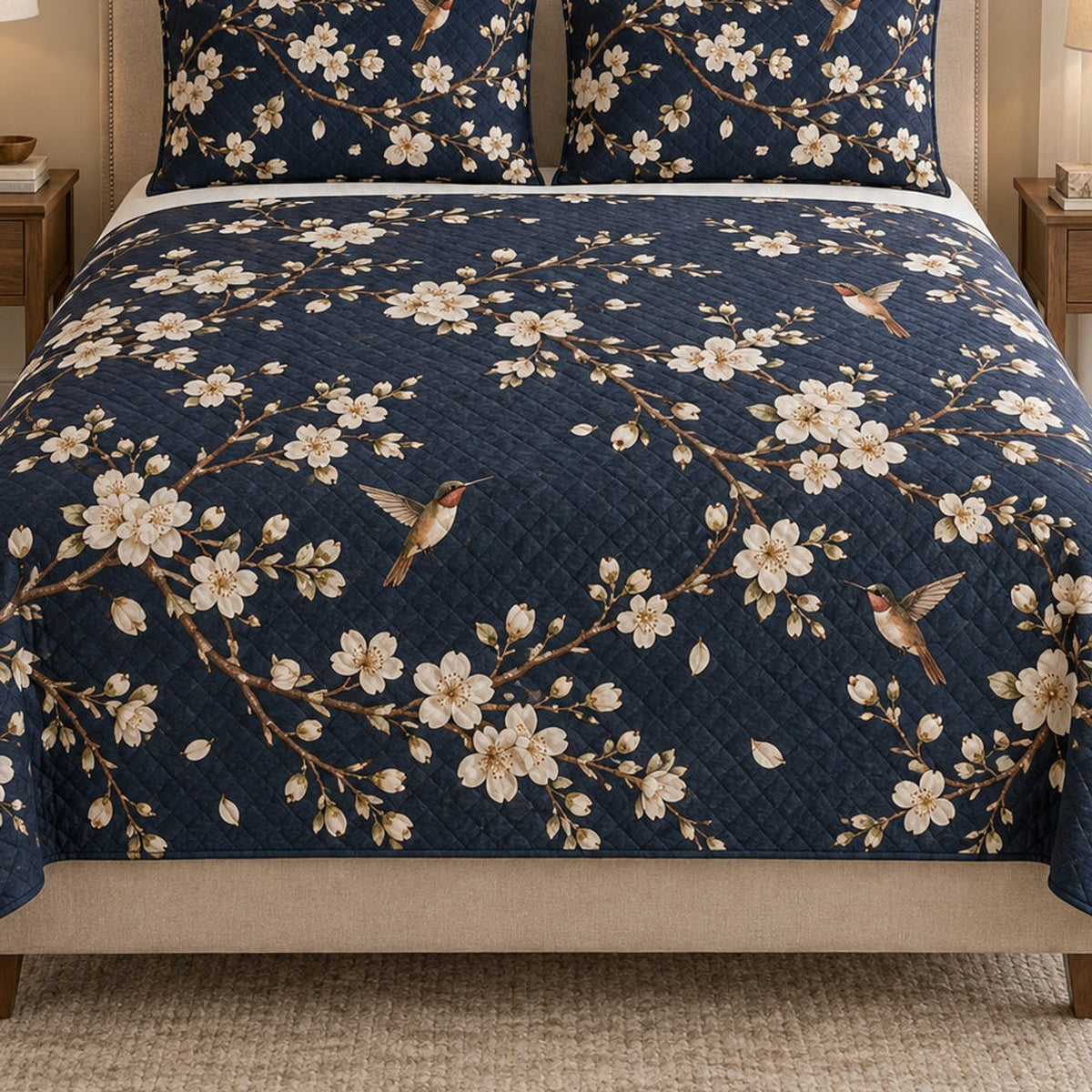Close view of the Hummingbird Cherry Blossom Botanical quilt artwork and two matching shams