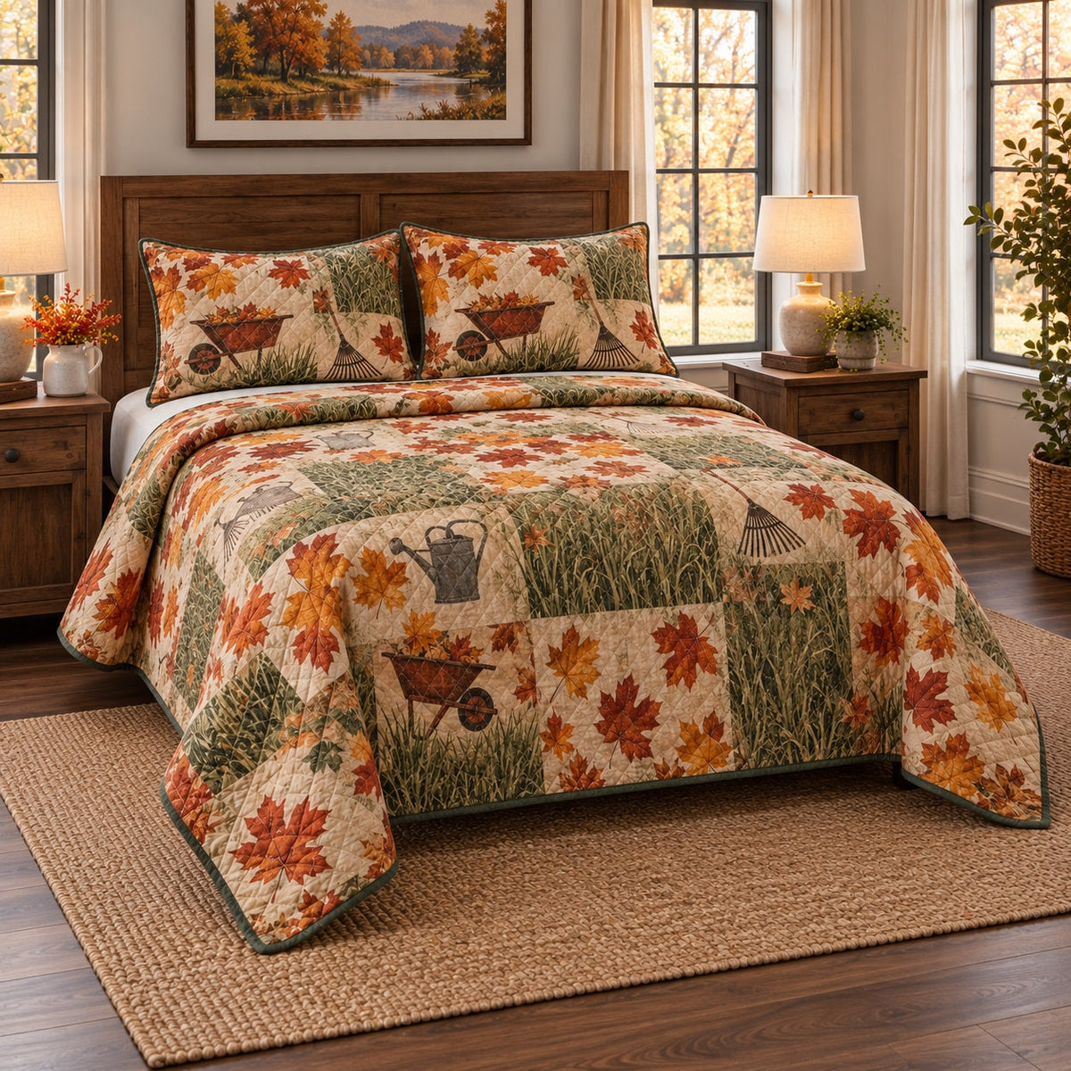 Autumn Grounds Landscaper Quilt Set, angled landscaper bedroom view