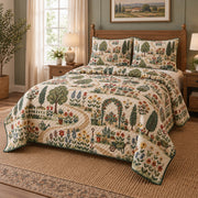 Folk Landscape Landscaper Quilt Set, angled landscaper bedroom view