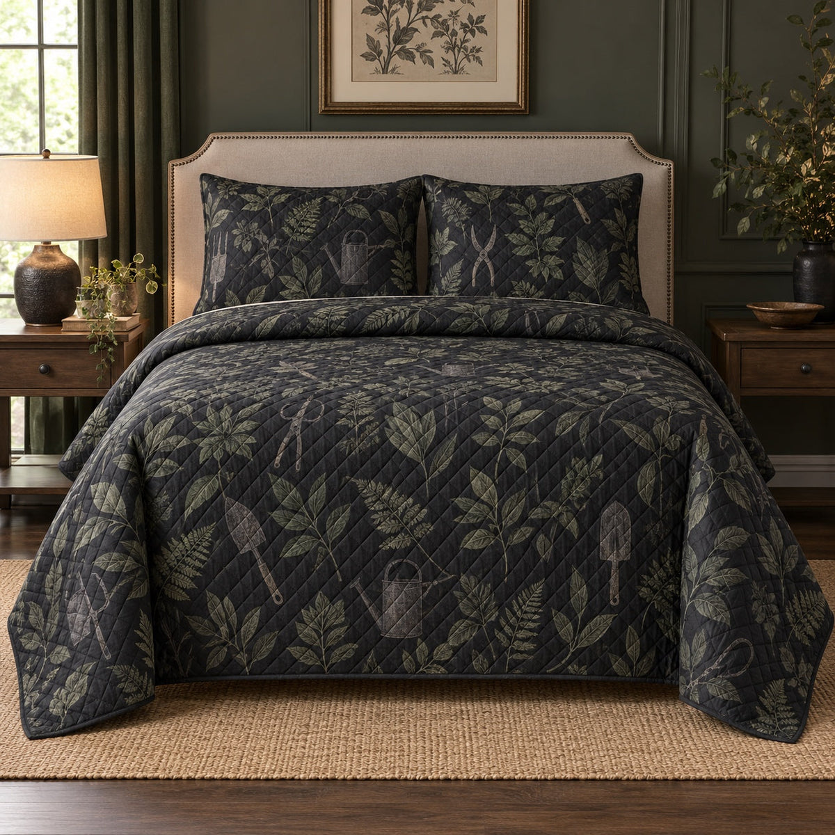 Night Garden Crew Landscaper Quilt Set, front landscaper bedroom view