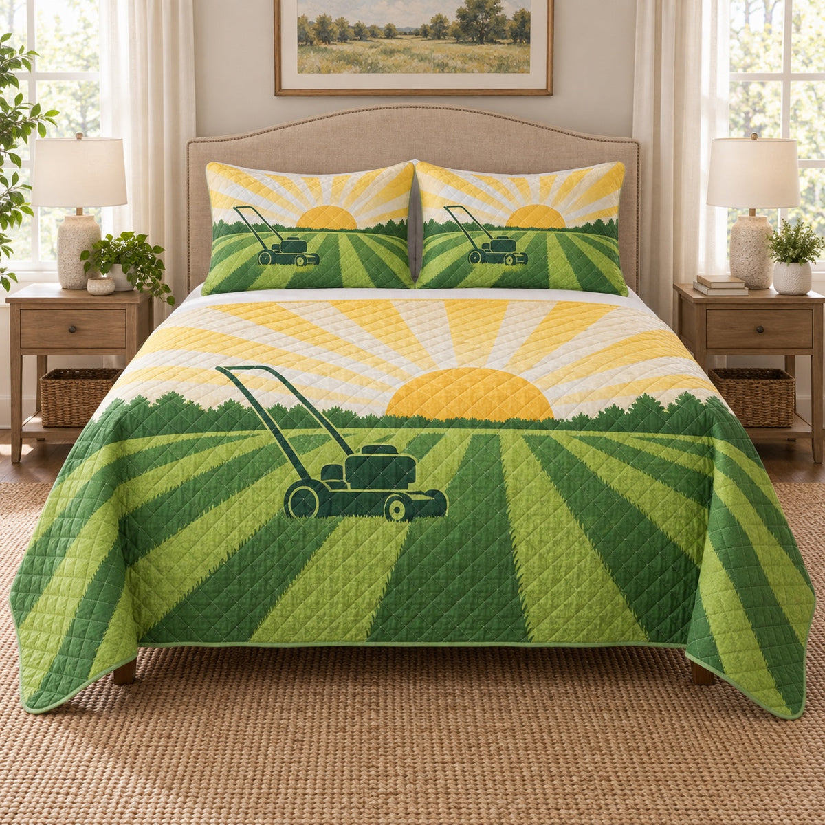 Sunlit Lawn Landscaper Quilt Set, front landscaper bedroom view
