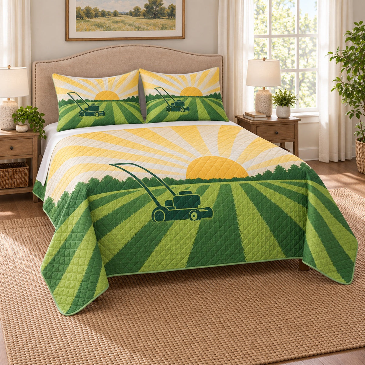 Sunlit Lawn Landscaper Quilt Set, angled landscaper bedroom view