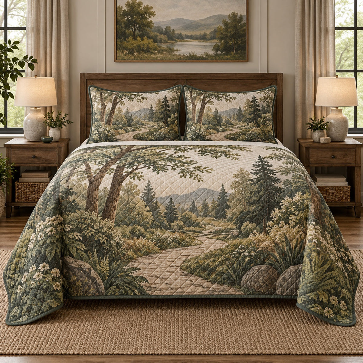Woodland Path Landscaper Quilt Set, front landscaper bedroom view