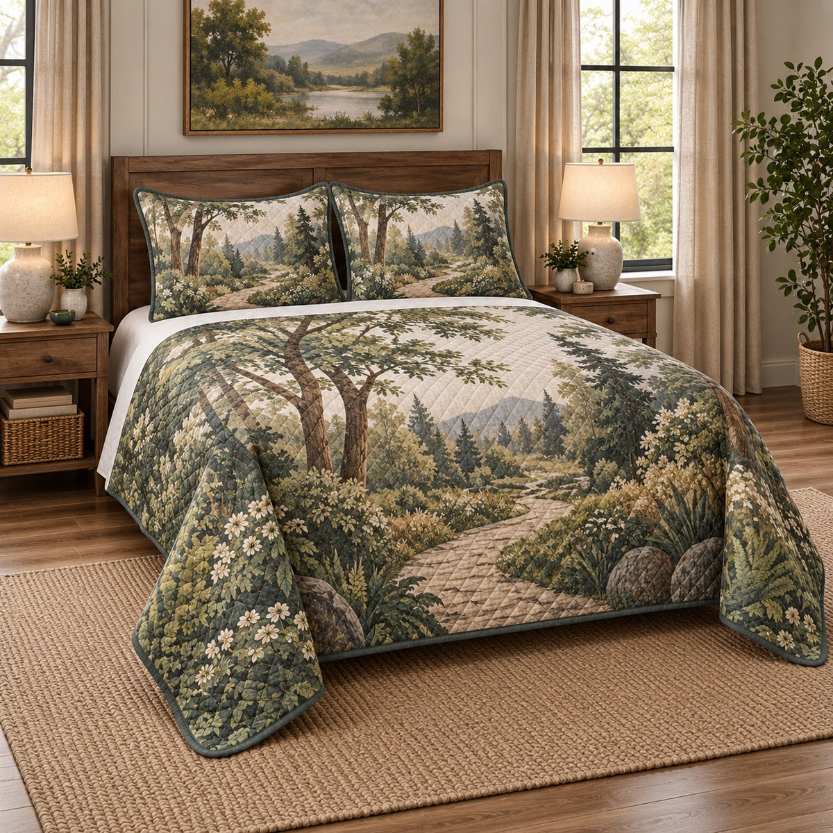 Woodland Path Landscaper Quilt Set, angled landscaper bedroom view
