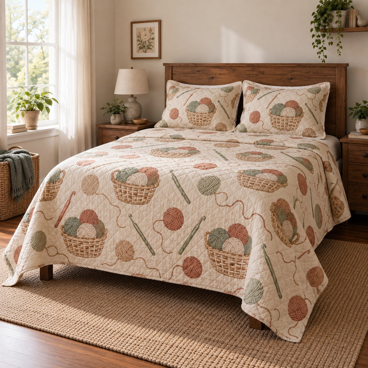 Yarn Basket Crochet Quilt Set, angled crochet bedroom view