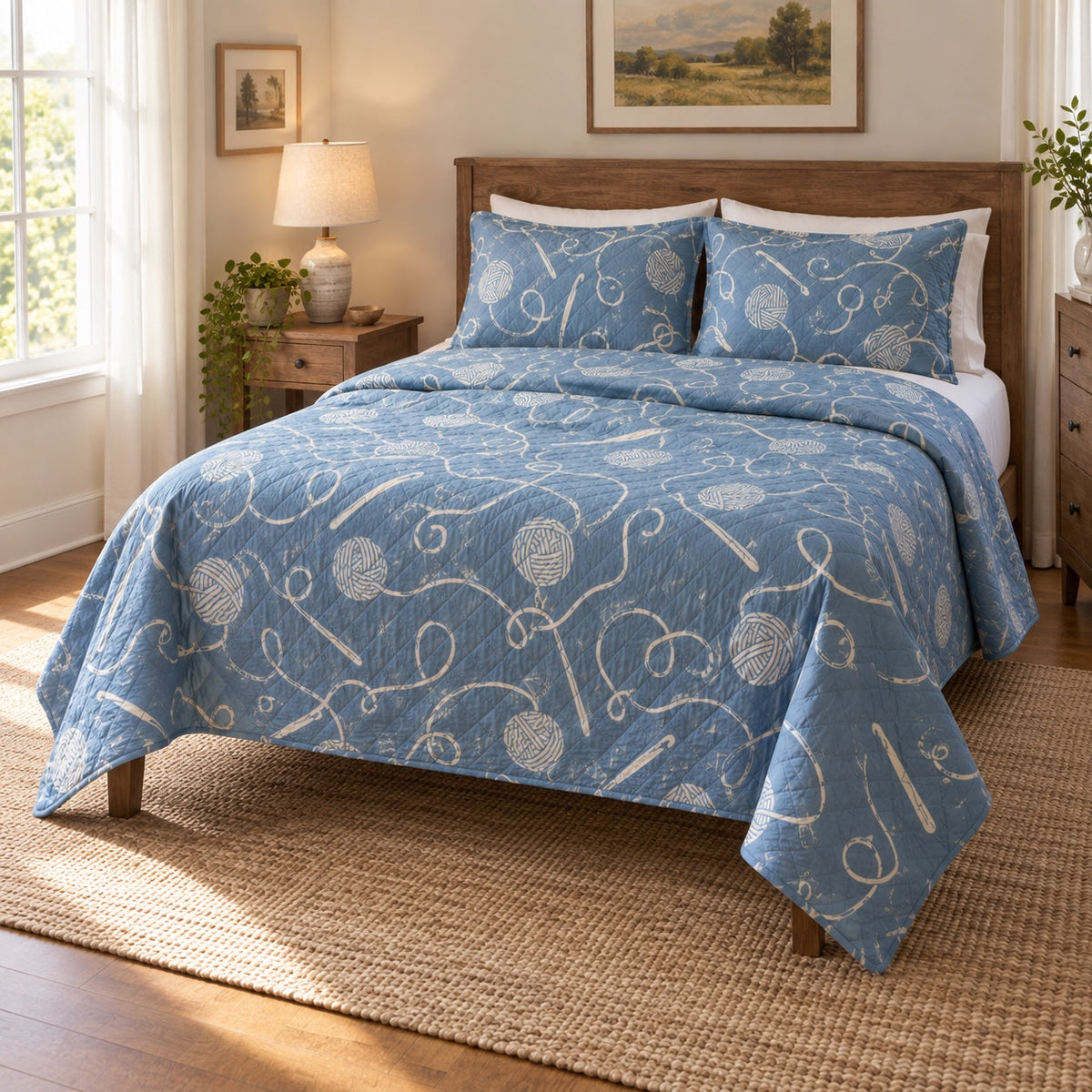Hook and Loop Crochet Quilt Set, angled crochet bedroom view