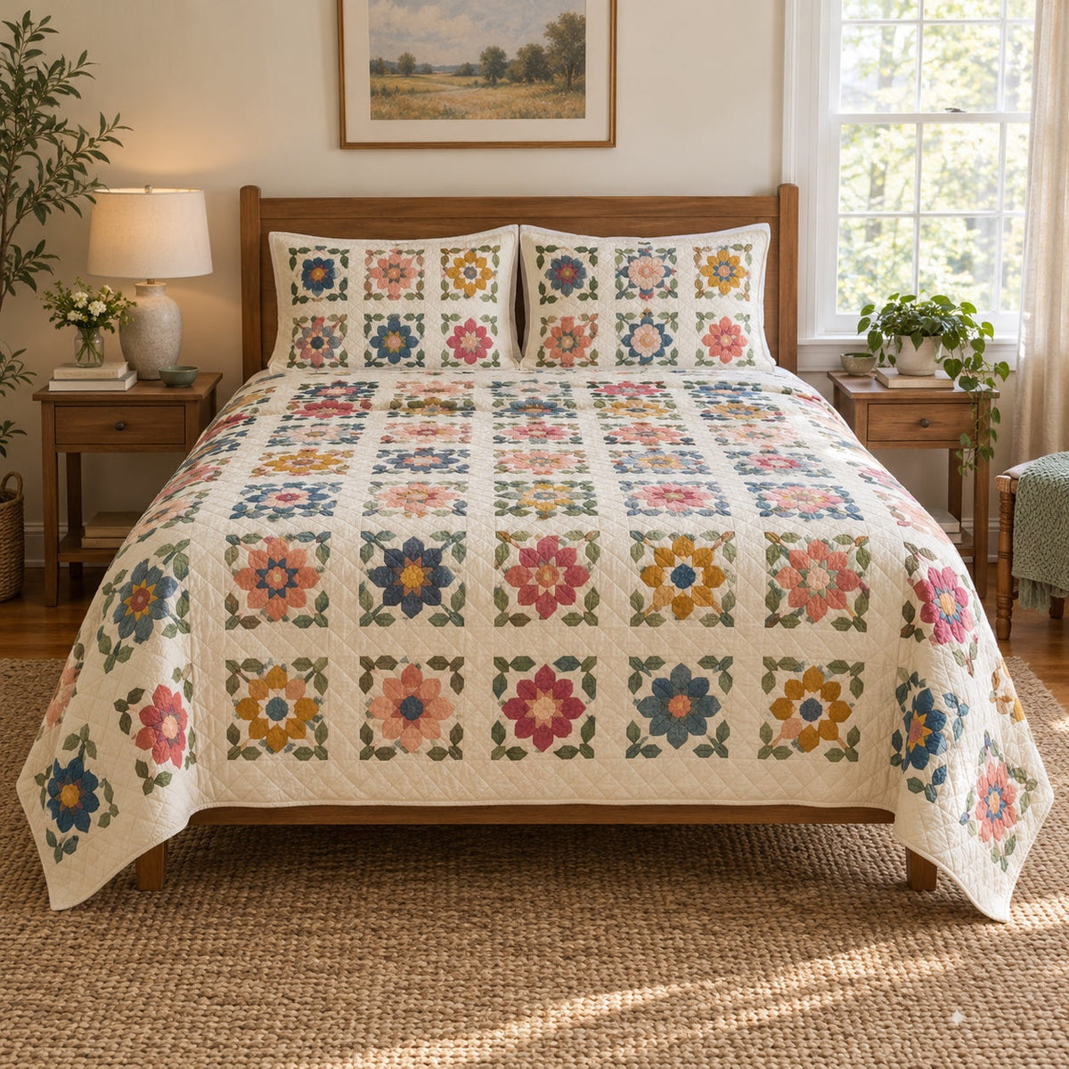 Granny Square Study Crochet Quilt Set, front crochet bedroom view