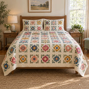 Granny Square Study Crochet Quilt Set, front crochet bedroom view