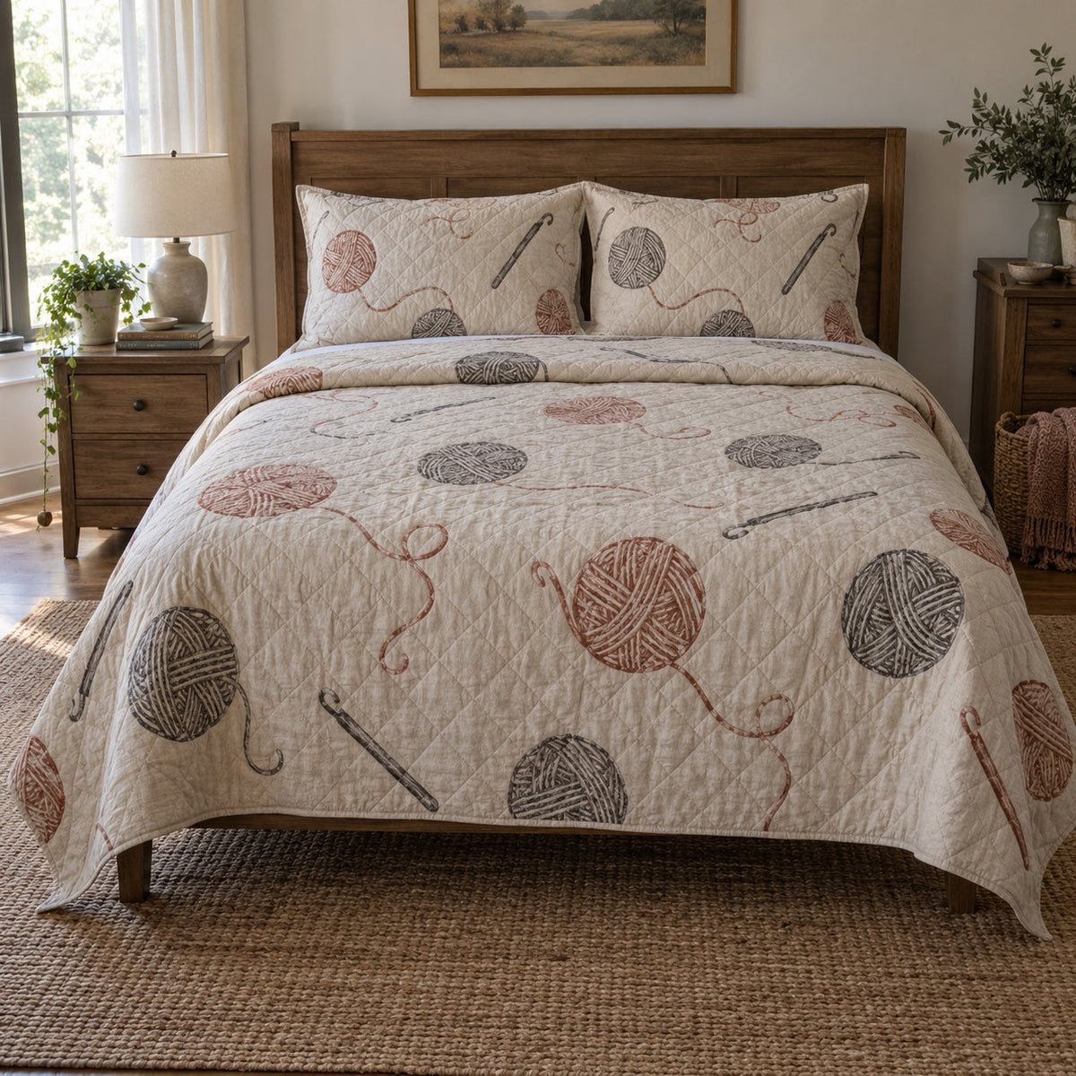 Linen Yarn Crochet Quilt Set, front crochet bedroom view