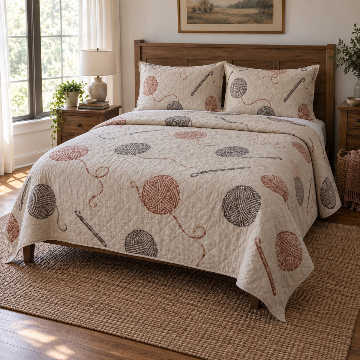Linen Yarn Crochet Quilt Set, angled crochet bedroom view