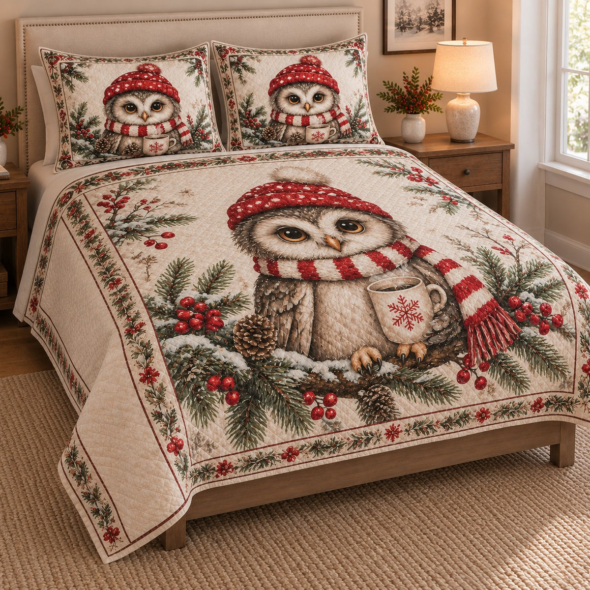 Christmas Owl Winter Coffee Quilt Set: angled bedroom view showing the quilt artwork and coordinating shams
