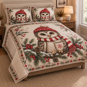Christmas Owl Winter Coffee Quilt Set: angled bedroom view showing the quilt artwork and coordinating shams