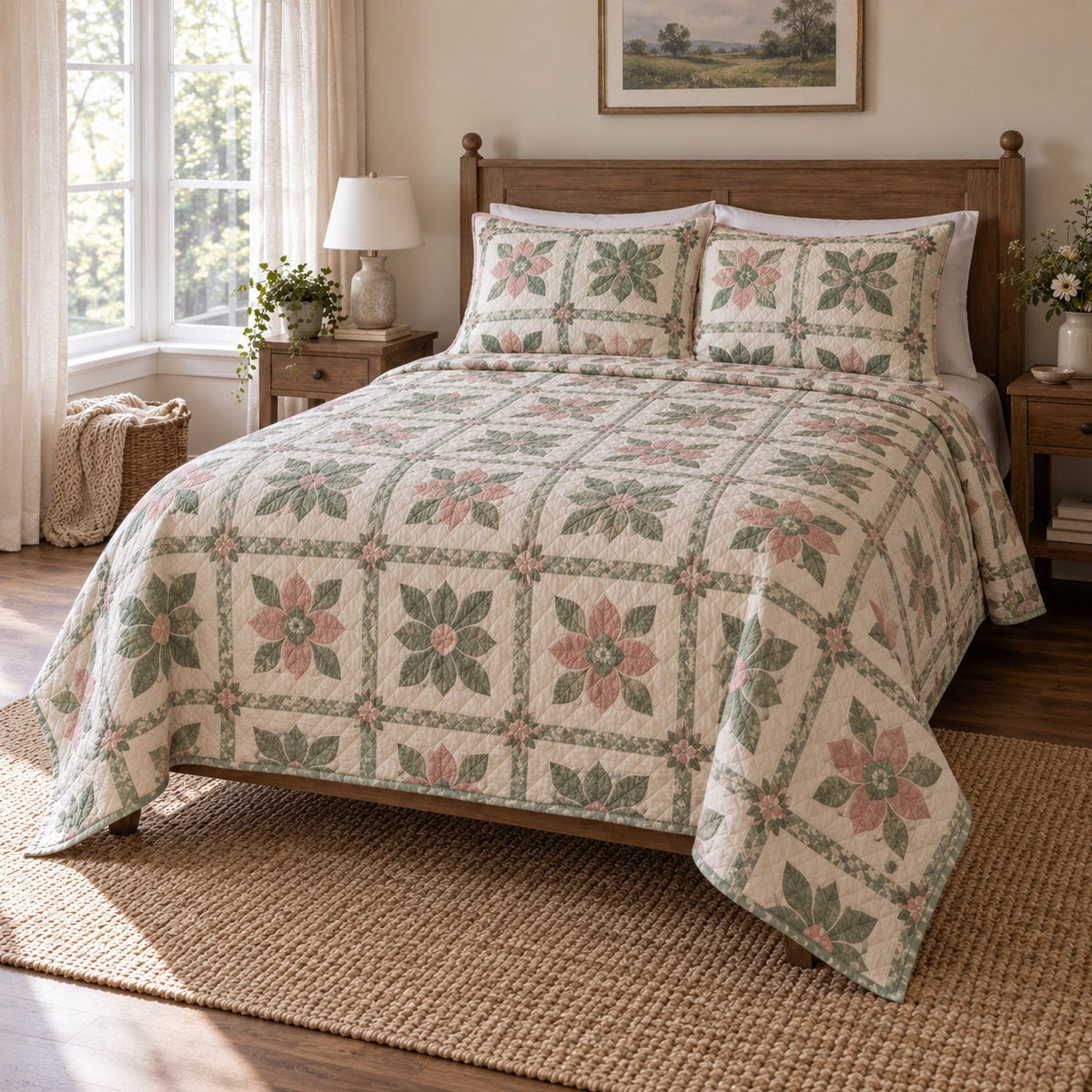 Sage Square Crochet Quilt Set, angled crochet bedroom view