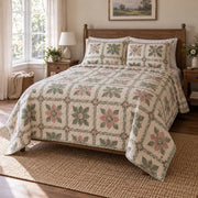 Sage Square Crochet Quilt Set, angled crochet bedroom view