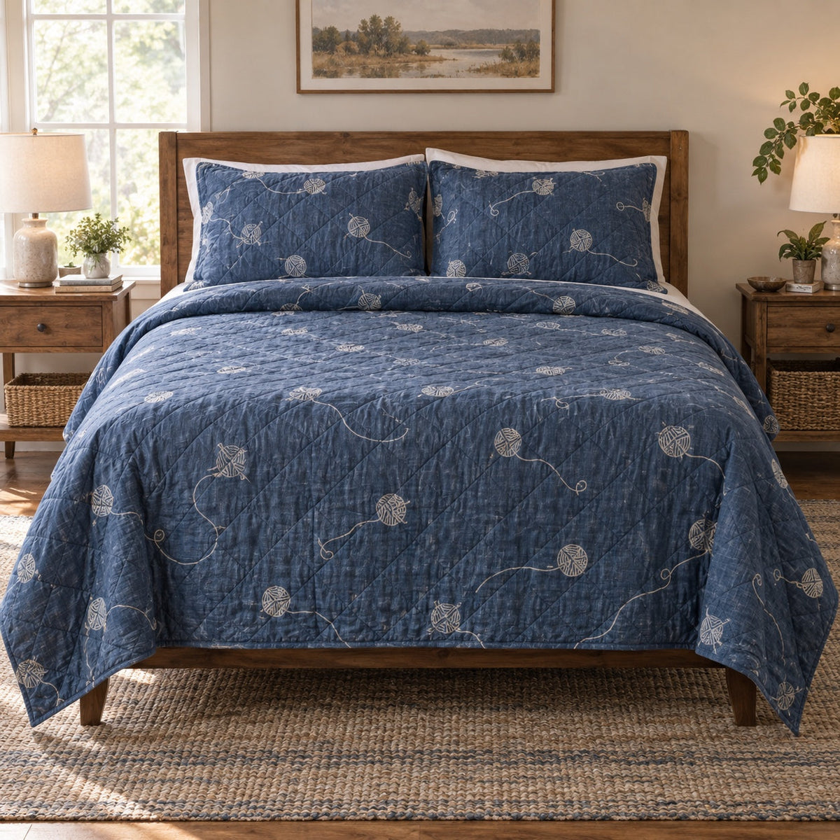 Indigo Skein Crochet Quilt Set, front crochet bedroom view