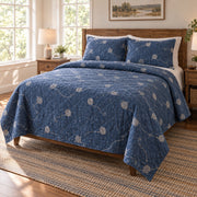 Indigo Skein Crochet Quilt Set, angled crochet bedroom view