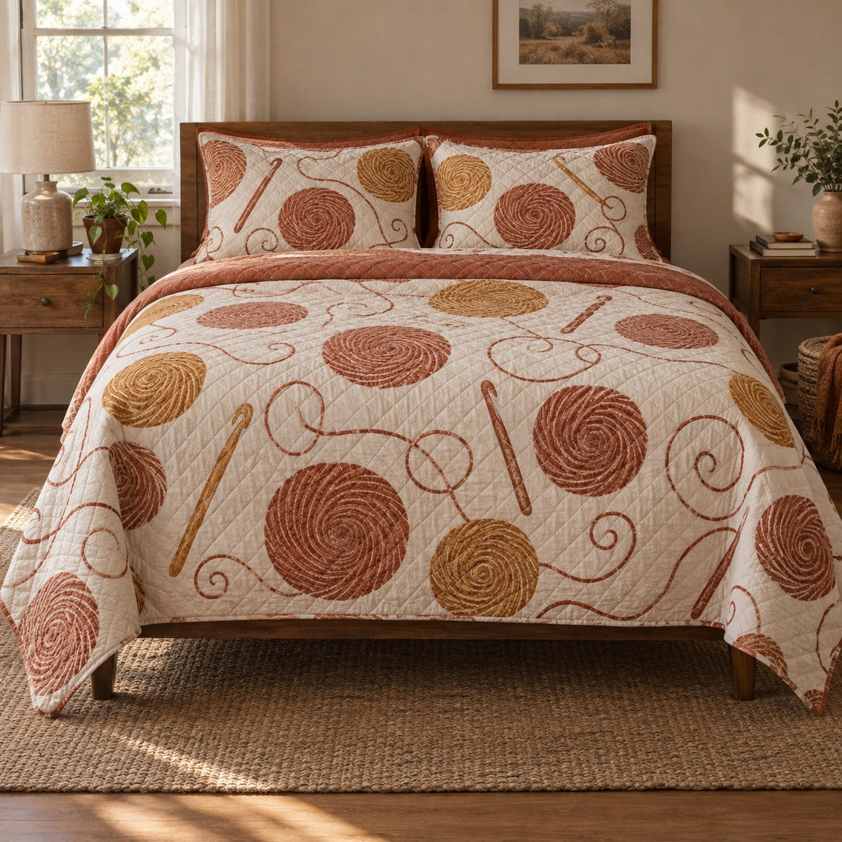 Terracotta Thread Crochet Quilt Set, front crochet bedroom view