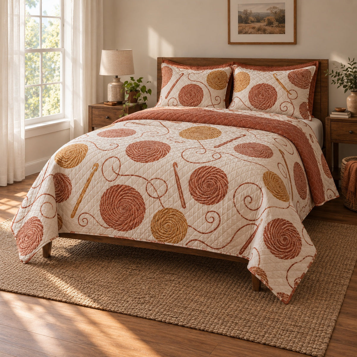 Terracotta Thread Crochet Quilt Set, angled crochet bedroom view