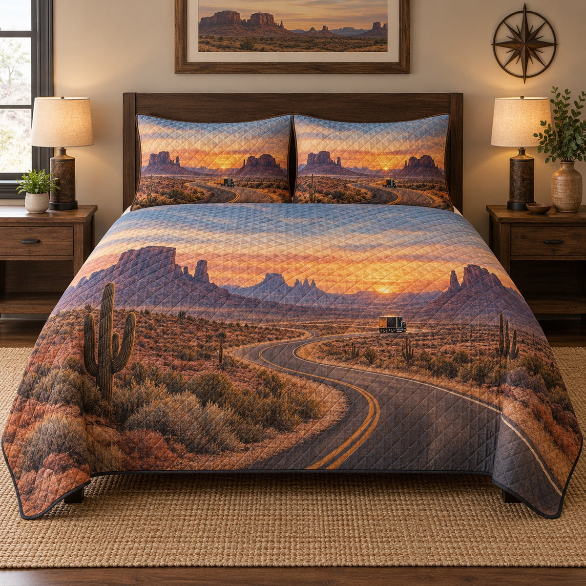 Desert Route Truck Driver Quilt Set, front truck driver bedroom view