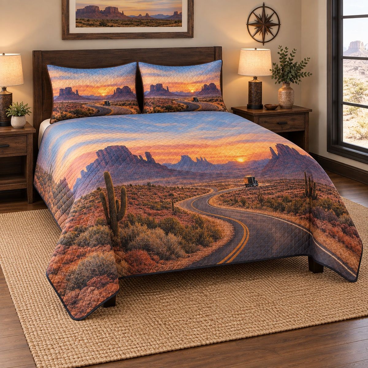 Desert Route Truck Driver Quilt Set, angled truck driver bedroom view