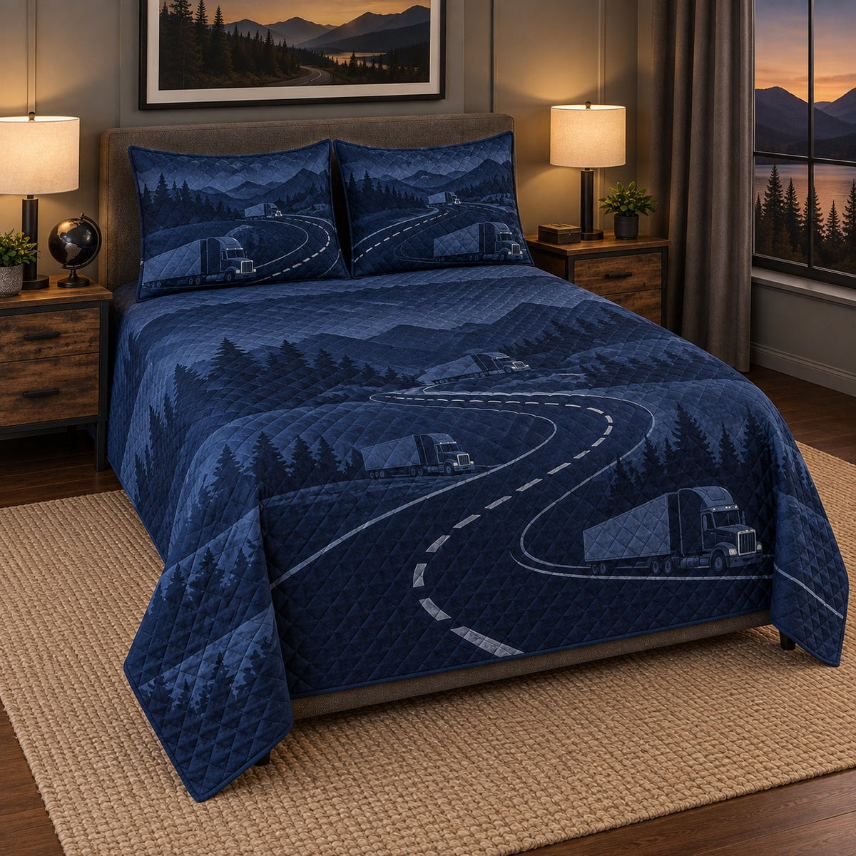 Night Haul Truck Driver Quilt Set, angled truck driver bedroom view