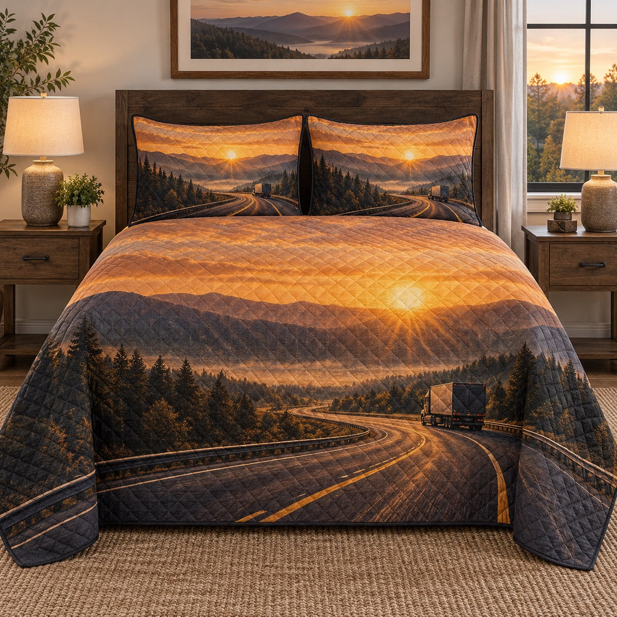 Sunrise Mile Truck Driver Quilt Set, front truck driver bedroom view