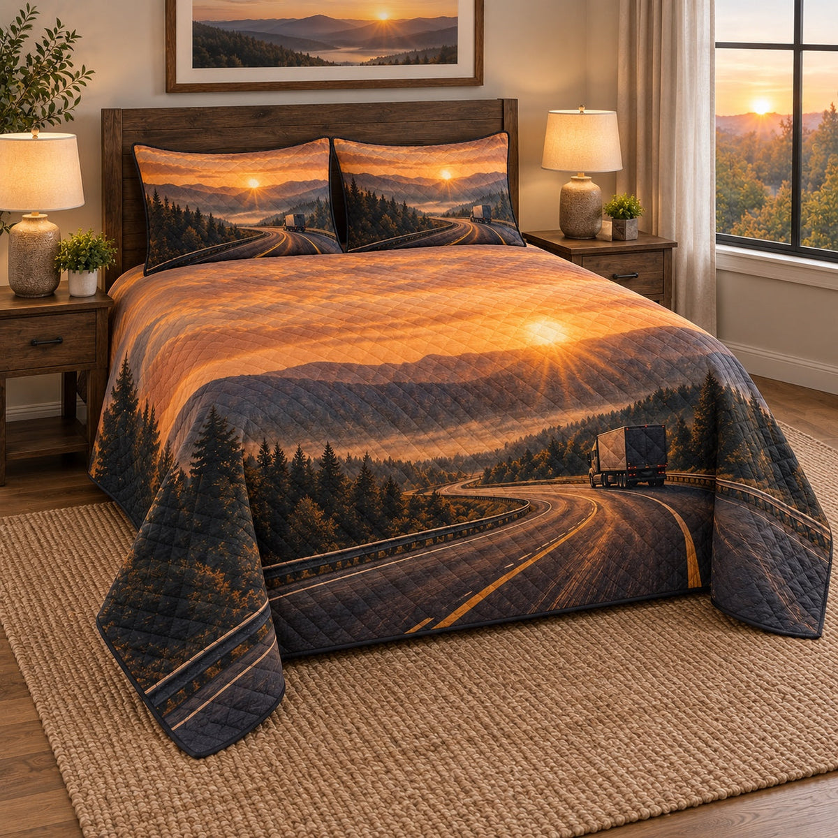 Sunrise Mile Truck Driver Quilt Set, angled truck driver bedroom view