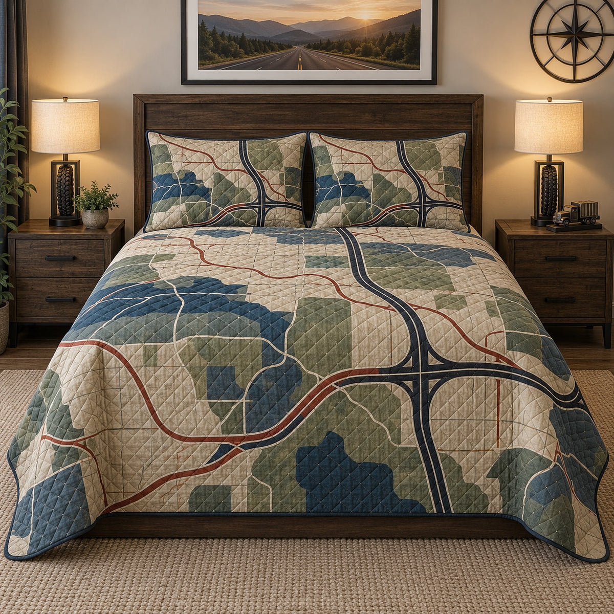 Road Atlas Truck Driver Quilt Set, front truck driver bedroom view